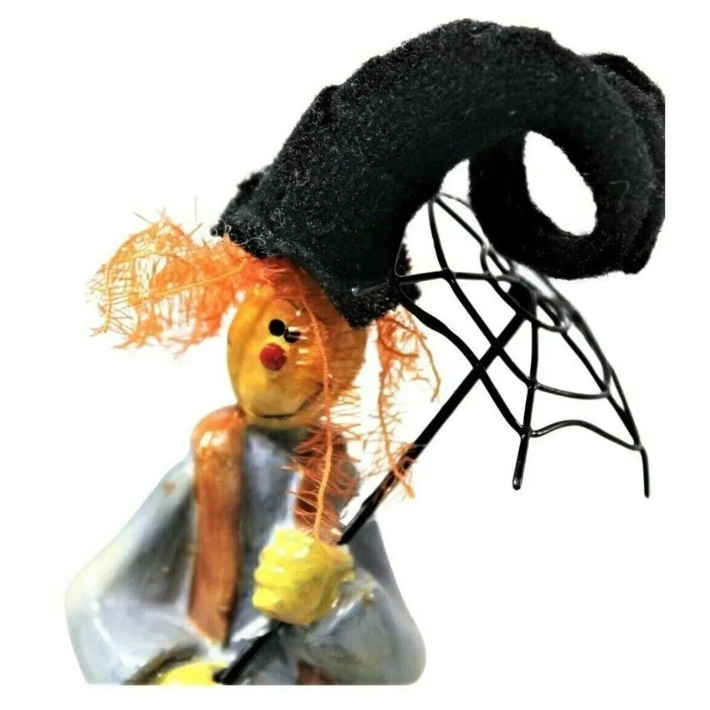 Clown Pumpkin Head Figurine Primitive Vintage Resin Shabby Umbrella & Fuzzy Hair